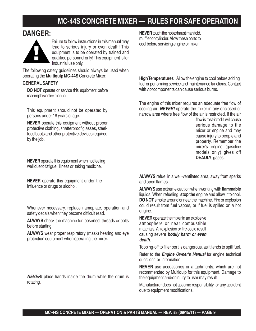 Multiquip manual MC-44S Concrete Mixer Rules for Safe Operation 