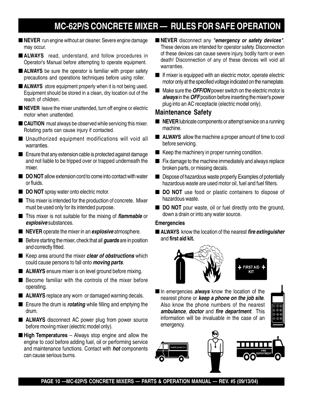 Multiquip MC-62S manual MC-62P/S Concrete Mixer Rules for Safe Operation, Emergencies 