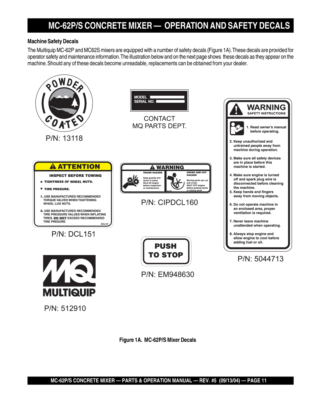 Multiquip MC-62S manual Machine Safety Decals, MC-62P/S Mixer Decals 