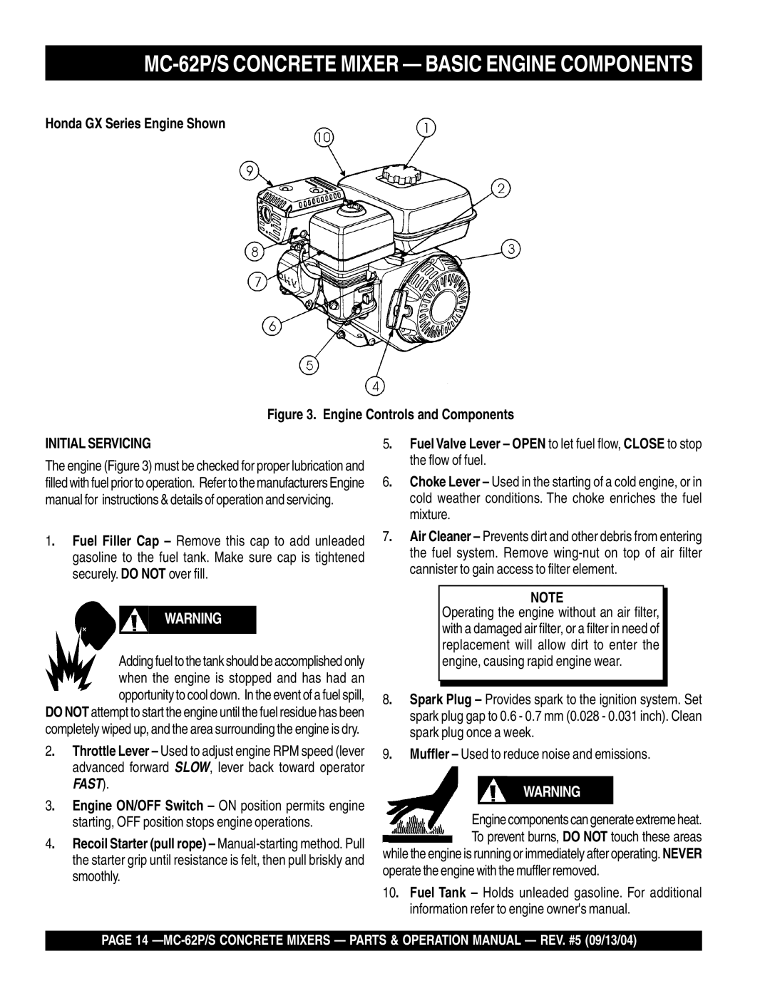 Multiquip MC-62S manual MC-62P/S Concrete Mixer Basic Engine Components, Engine Controls and Components 