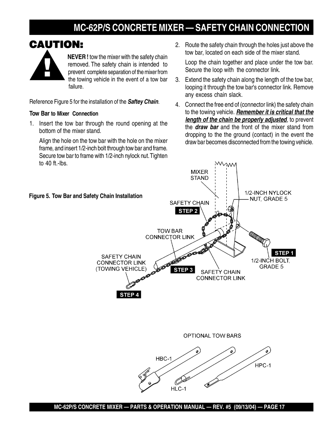 Multiquip MC-62P, MC-62S manual Tow Bar to Mixer Connection, Tow Bar and Safety Chain Installation 