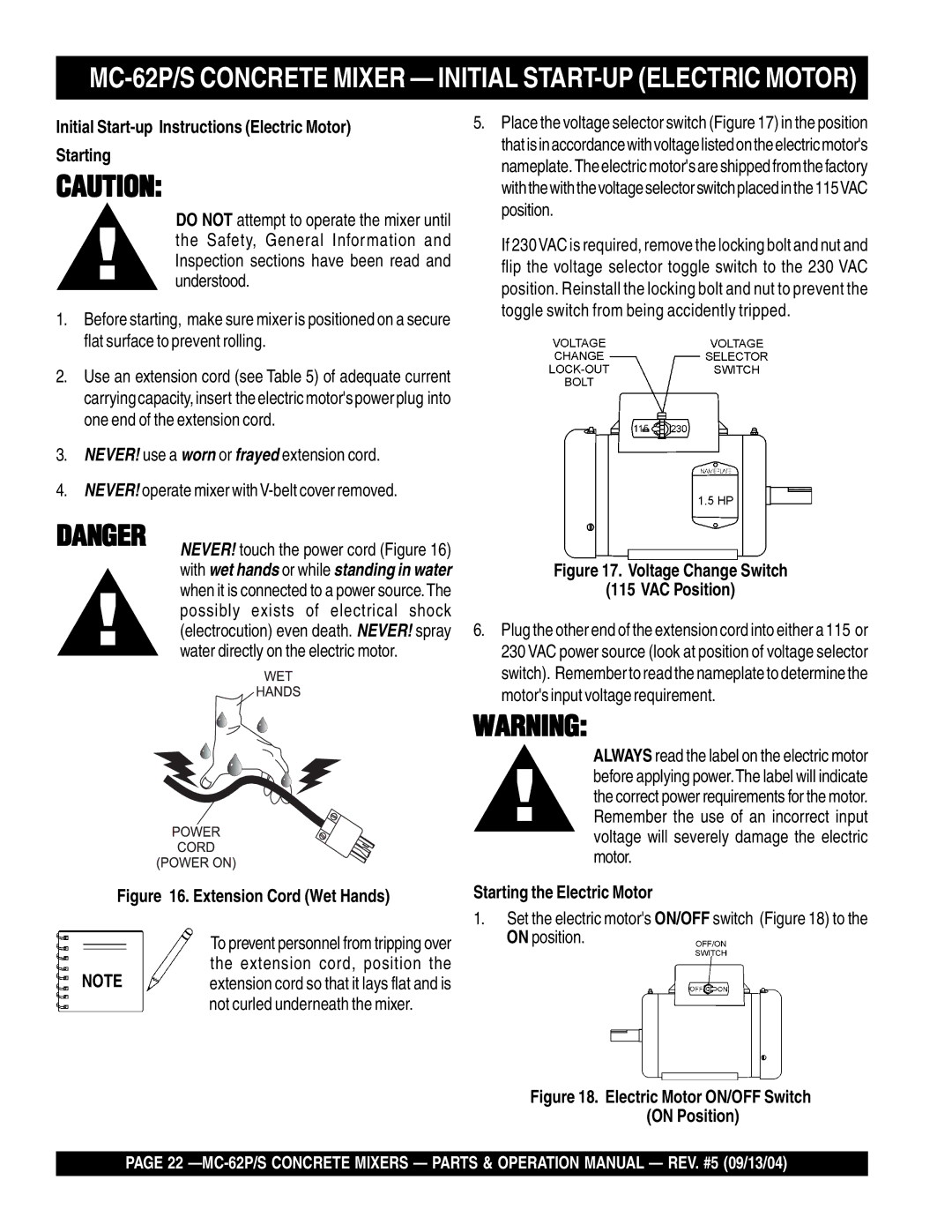 Multiquip MC-62S, MC-62P manual Initial Start-up Instructions Electric Motor Starting, Starting the Electric Motor 