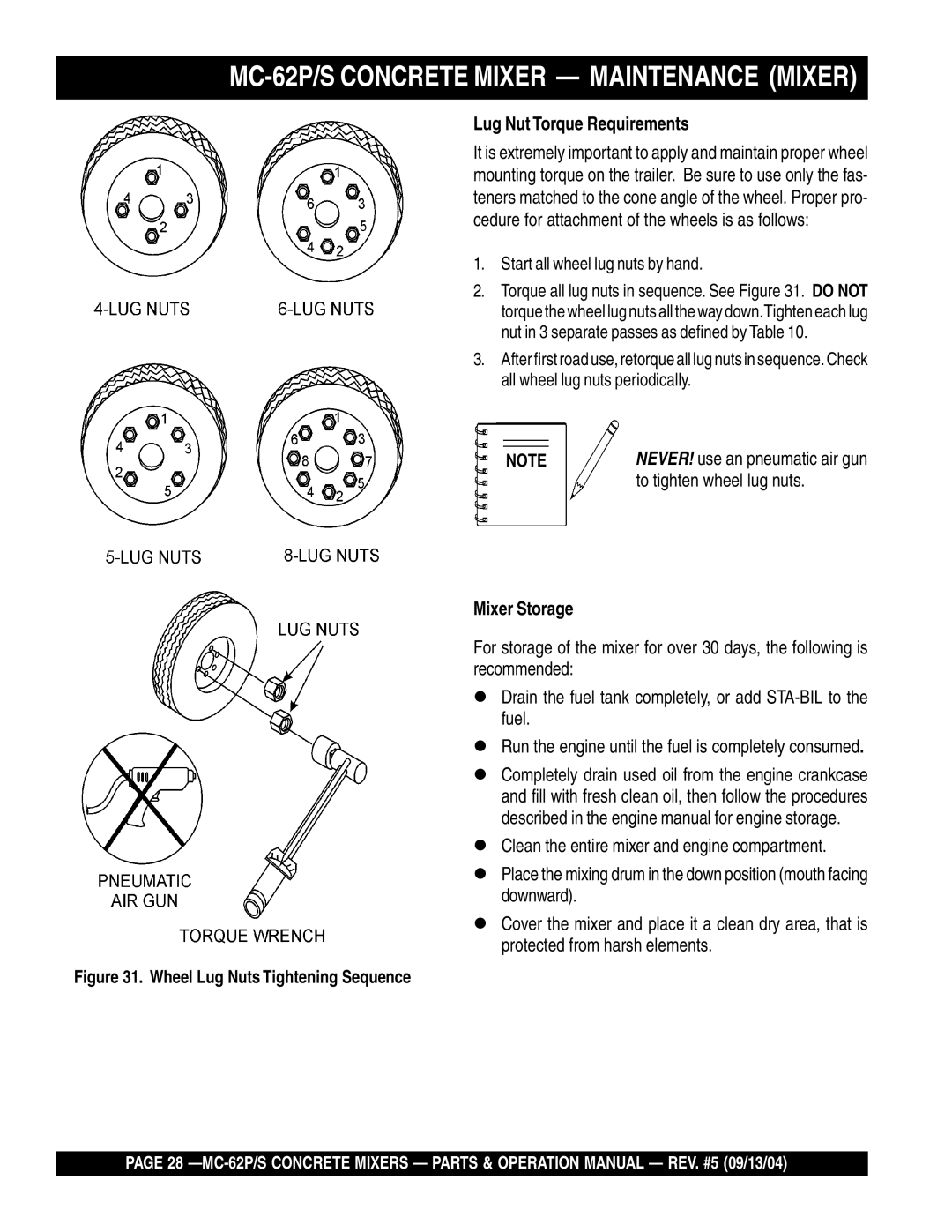 Multiquip MC-62S, MC-62P manual To tighten wheel lug nuts 