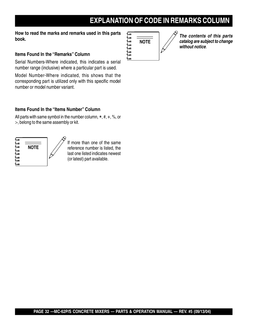 Multiquip MC-62S, MC-62P manual Explanation of Code in Remarks Column, Items Found In the Remarks Column 