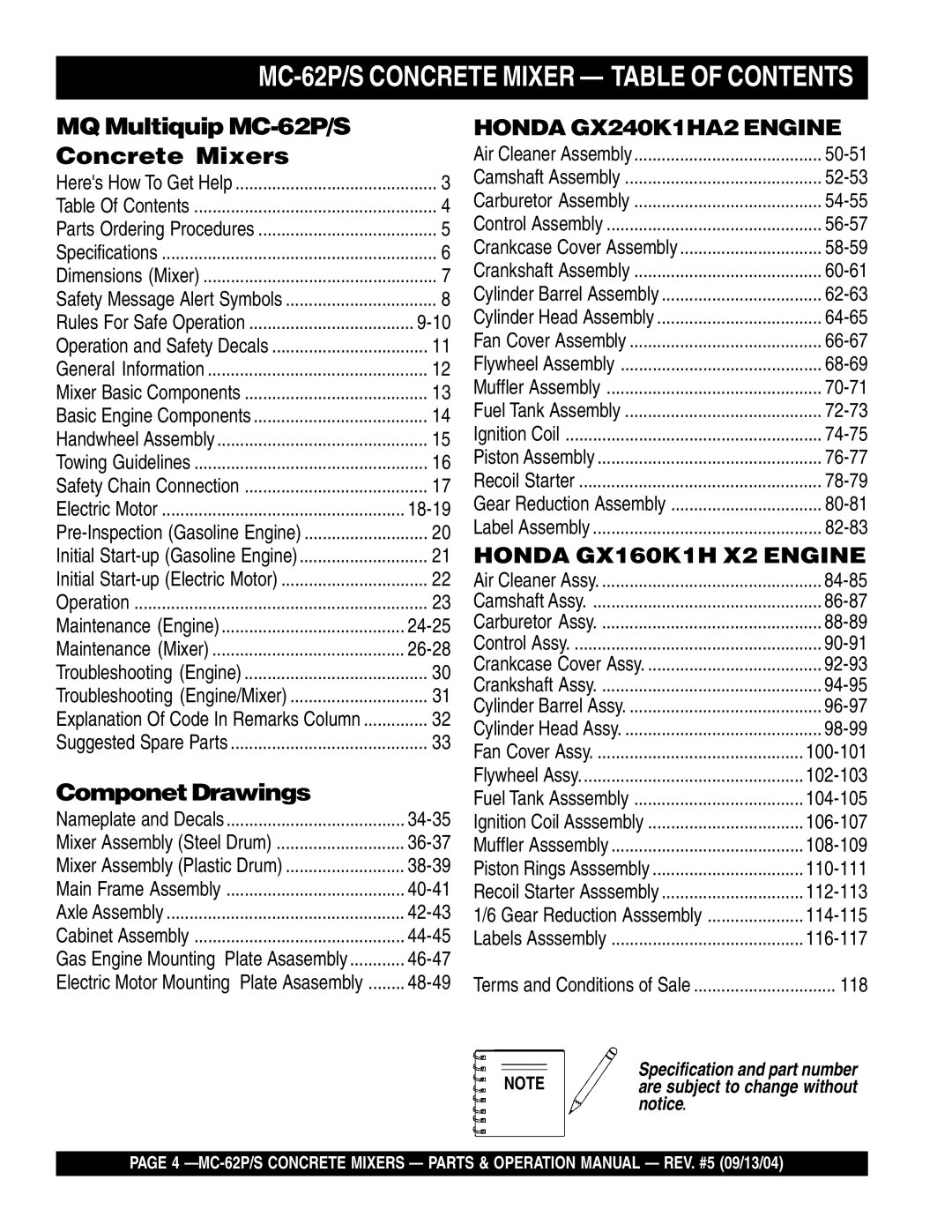 Multiquip MC-62S manual MC-62P/S Concrete Mixer Table of Contents 