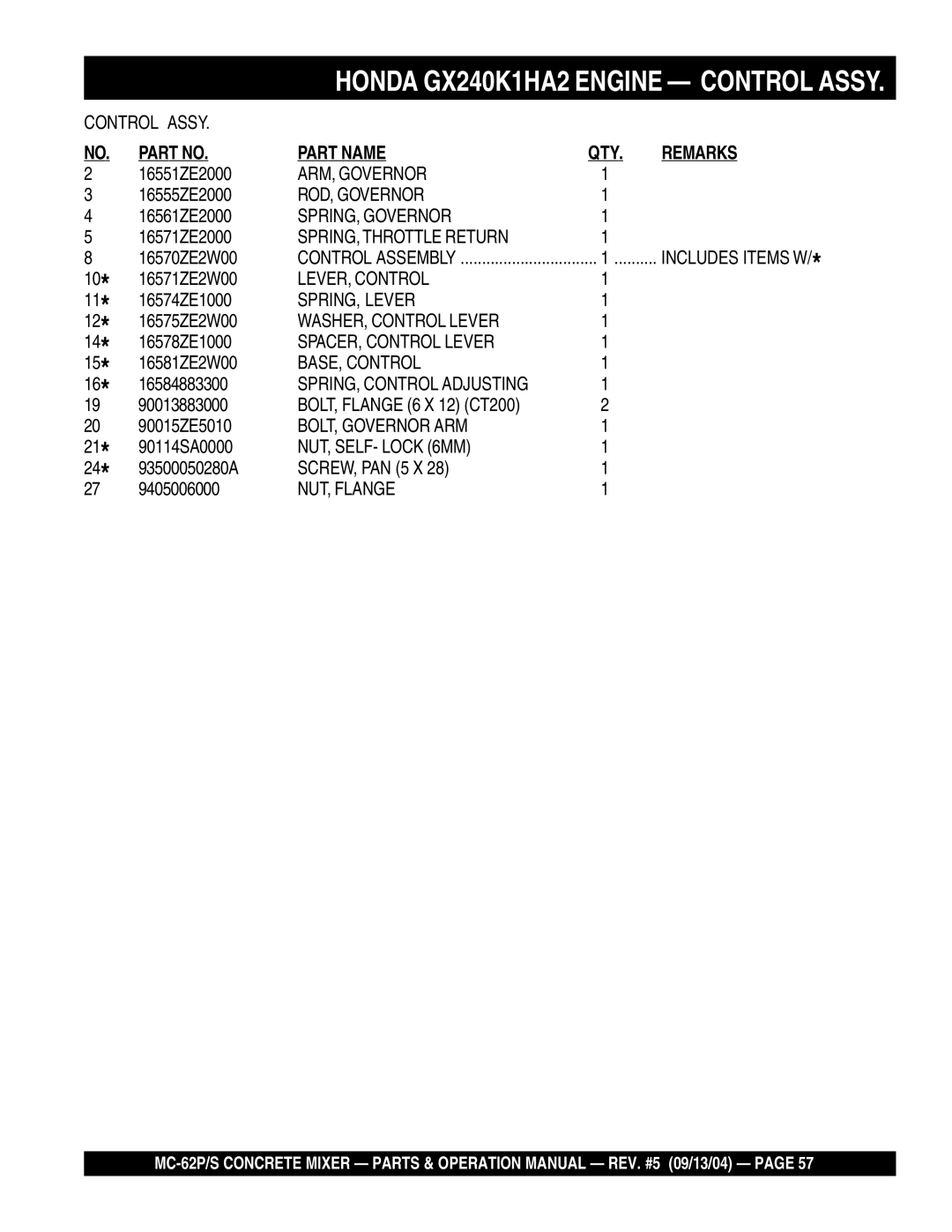 Multiquip MC-62P ARM, Governor, ROD, Governor, SPRING, Governor, SPRING, Throttle Return, LEVER, Control, SPRING, Lever 