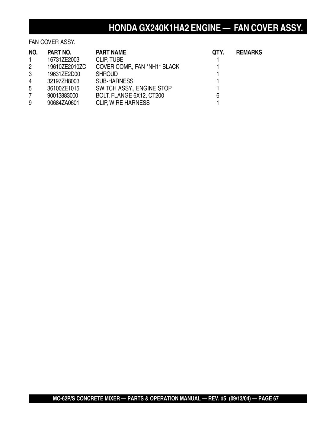 Multiquip MC-62P CLIP, Tube, Shroud, Sub-Harness, Switch ASSY., Engine Stop, BOLT, Flange 6X12, CT200, CLIP, Wire Harness 