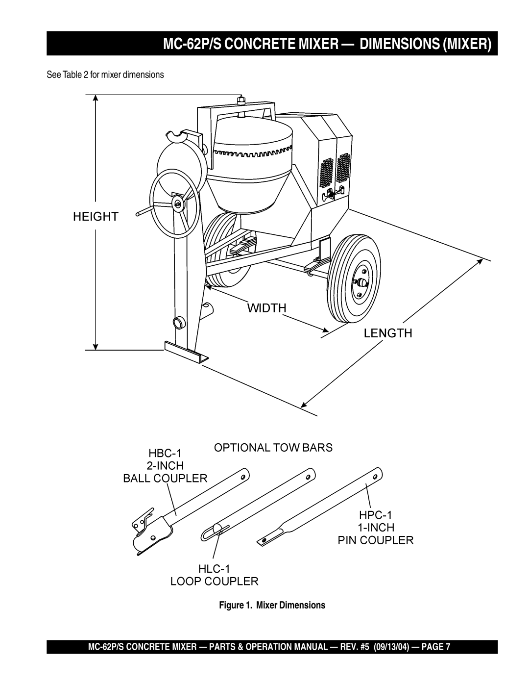 Multiquip MC-62S manual MC-62P/S Concrete Mixer Dimensions Mixer 