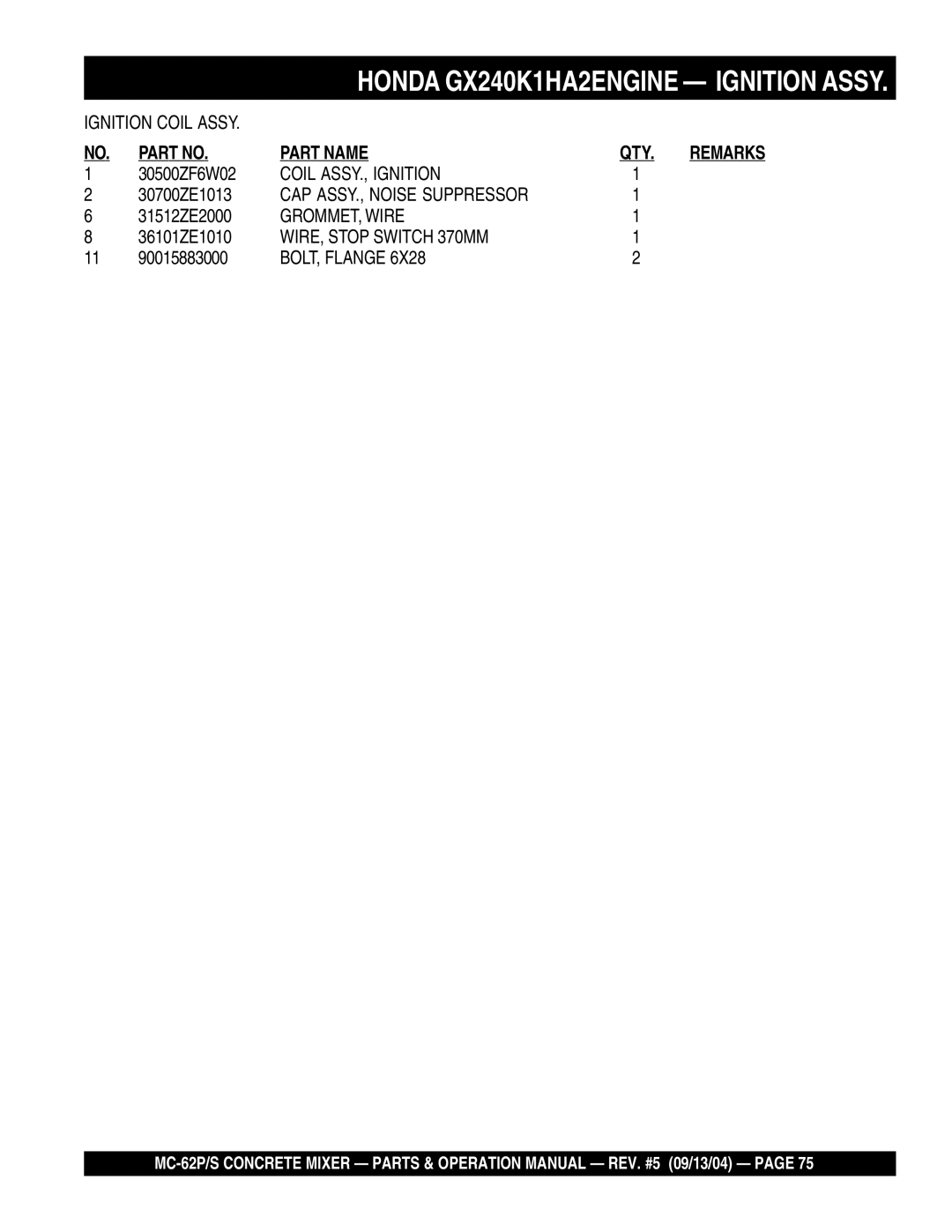 Multiquip MC-62P, MC-62S manual Coil ASSY., Ignition, CAP ASSY., Noise Suppressor, GROMMET, Wire, WIRE, Stop Switch 370MM 