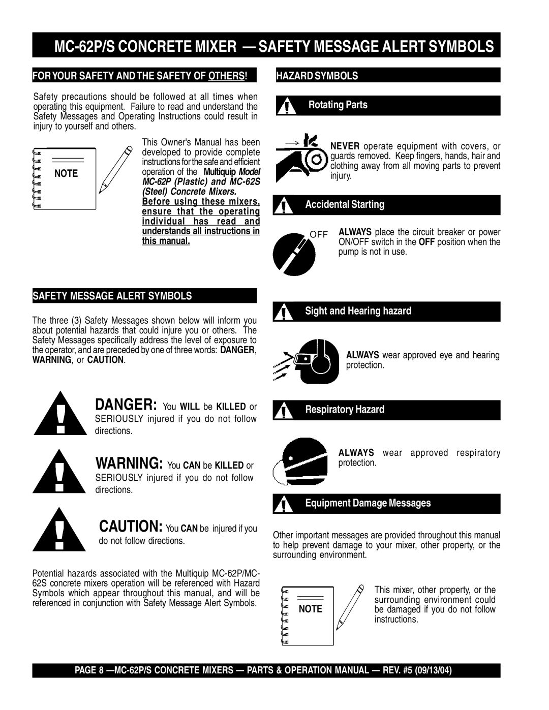 Multiquip MC-62S manual MC-62P/S Concrete Mixer Safety Message Alert Symbols 