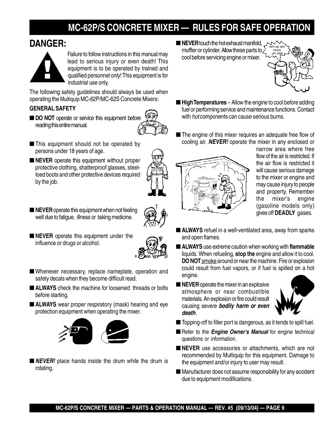 Multiquip MC-62S manual MC-62P/S Concrete Mixer Rules for Safe Operation 