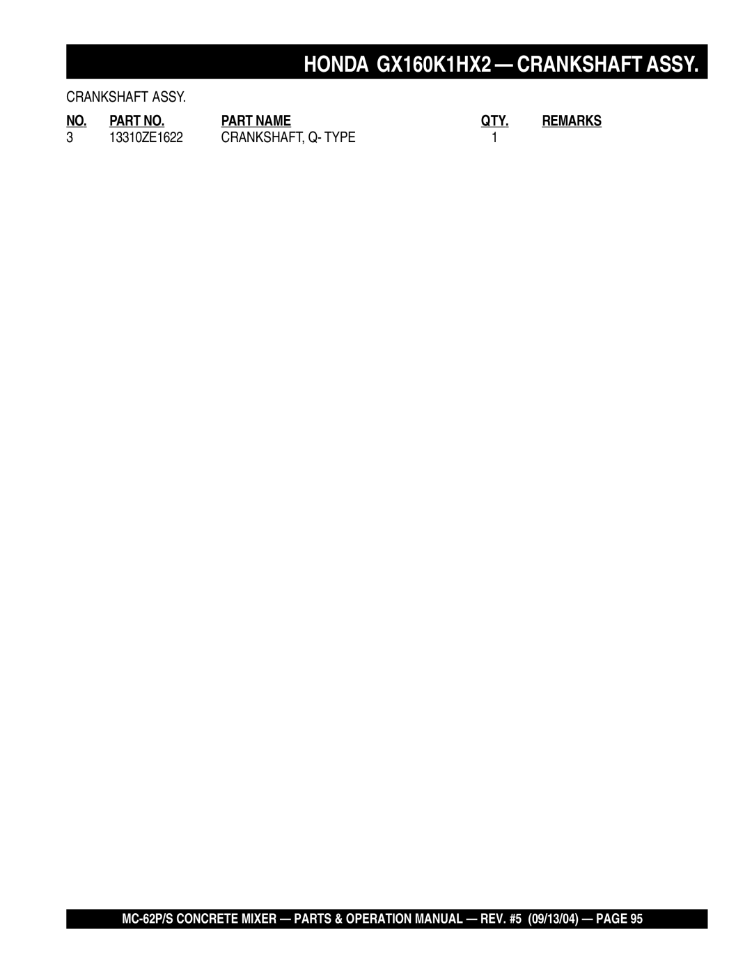 Multiquip MC-62P, MC-62S manual CRANKSHAFT, Q- Type 