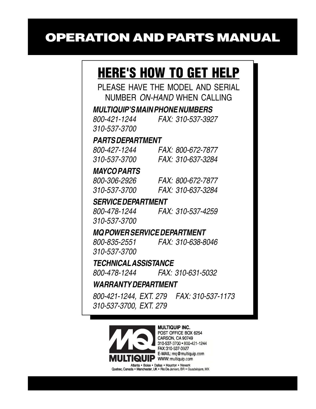Multiquip MC-62S, MC-62P Heres How To Get Help, Operation And Parts Manual, Multiquip’Smainphonenumbers, Partsdepartment 