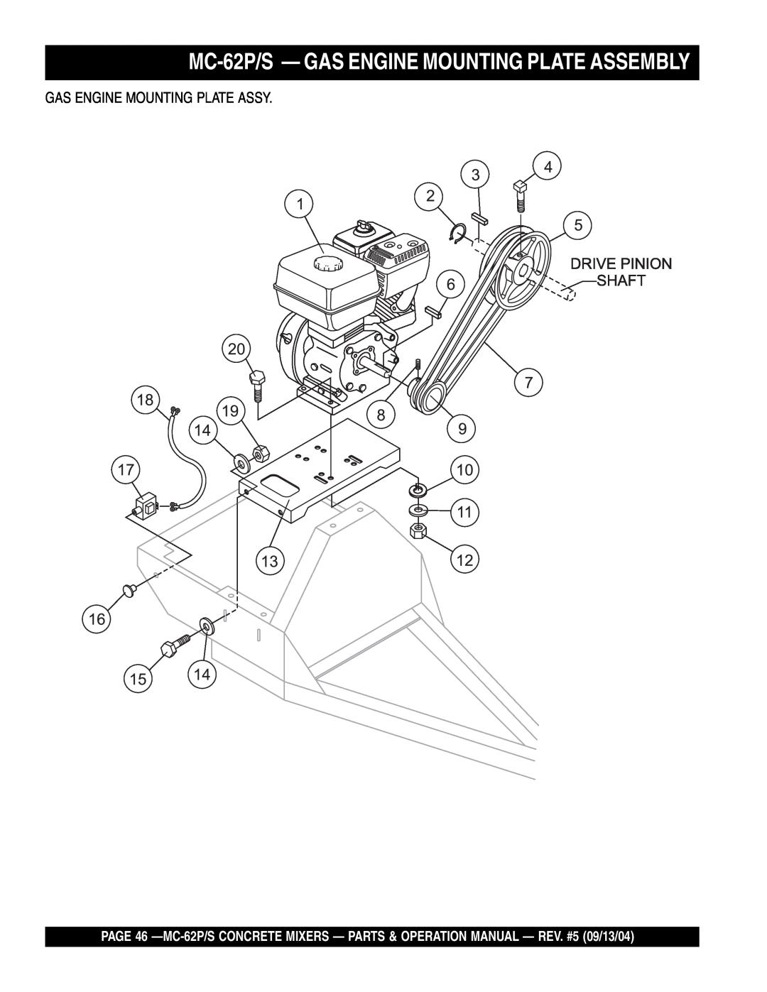 Multiquip MC-62S manual MC-62P/S - GAS ENGINE MOUNTING PLATE ASSEMBLY, Gas Engine Mounting Plate Assy 