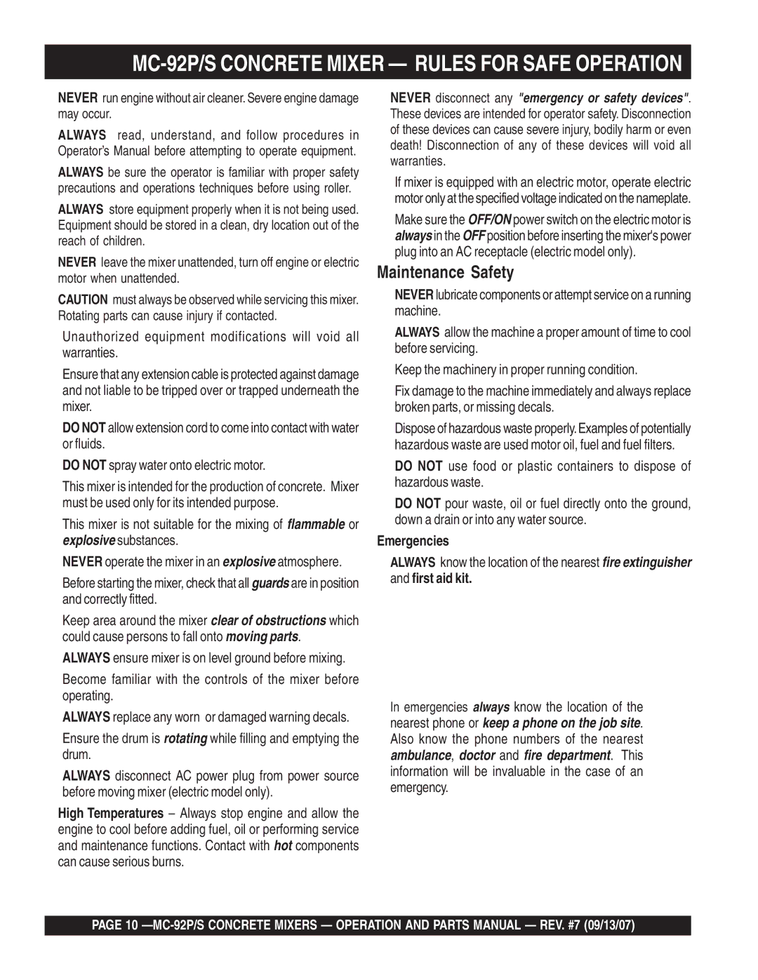 Multiquip MC-92S manual MC-92P/S Concrete Mixer Rules for Safe Operation, Emergencies 