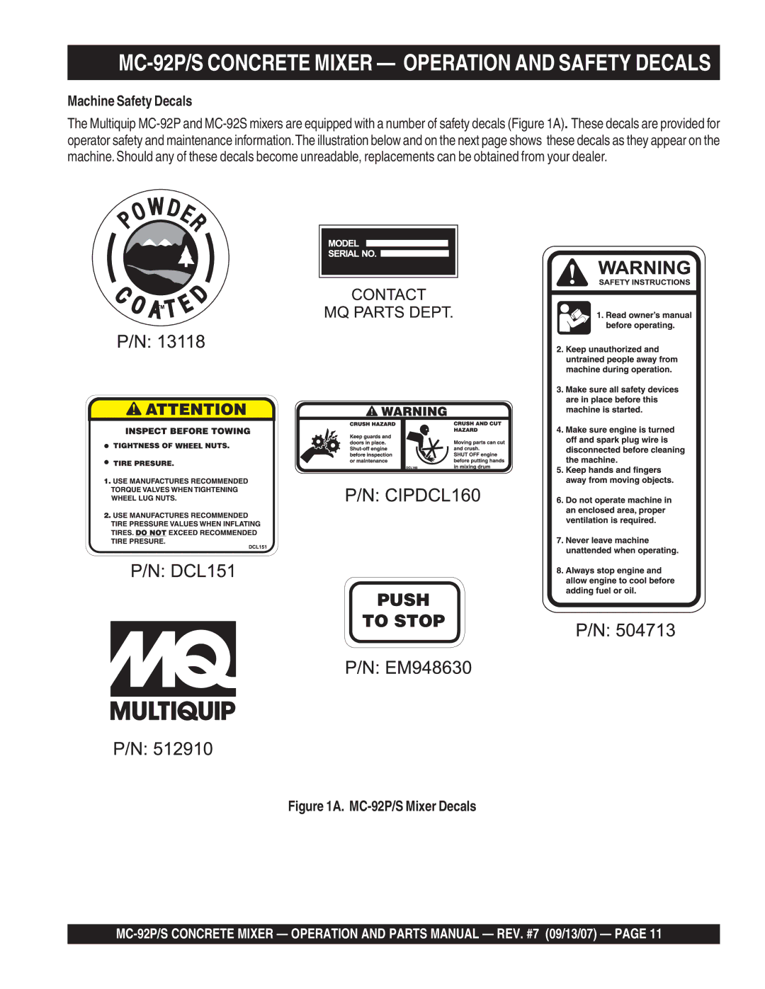 Multiquip MC-92S manual MC-92P/S Concrete Mixer Operation and Safety Decals, Machine Safety Decals 