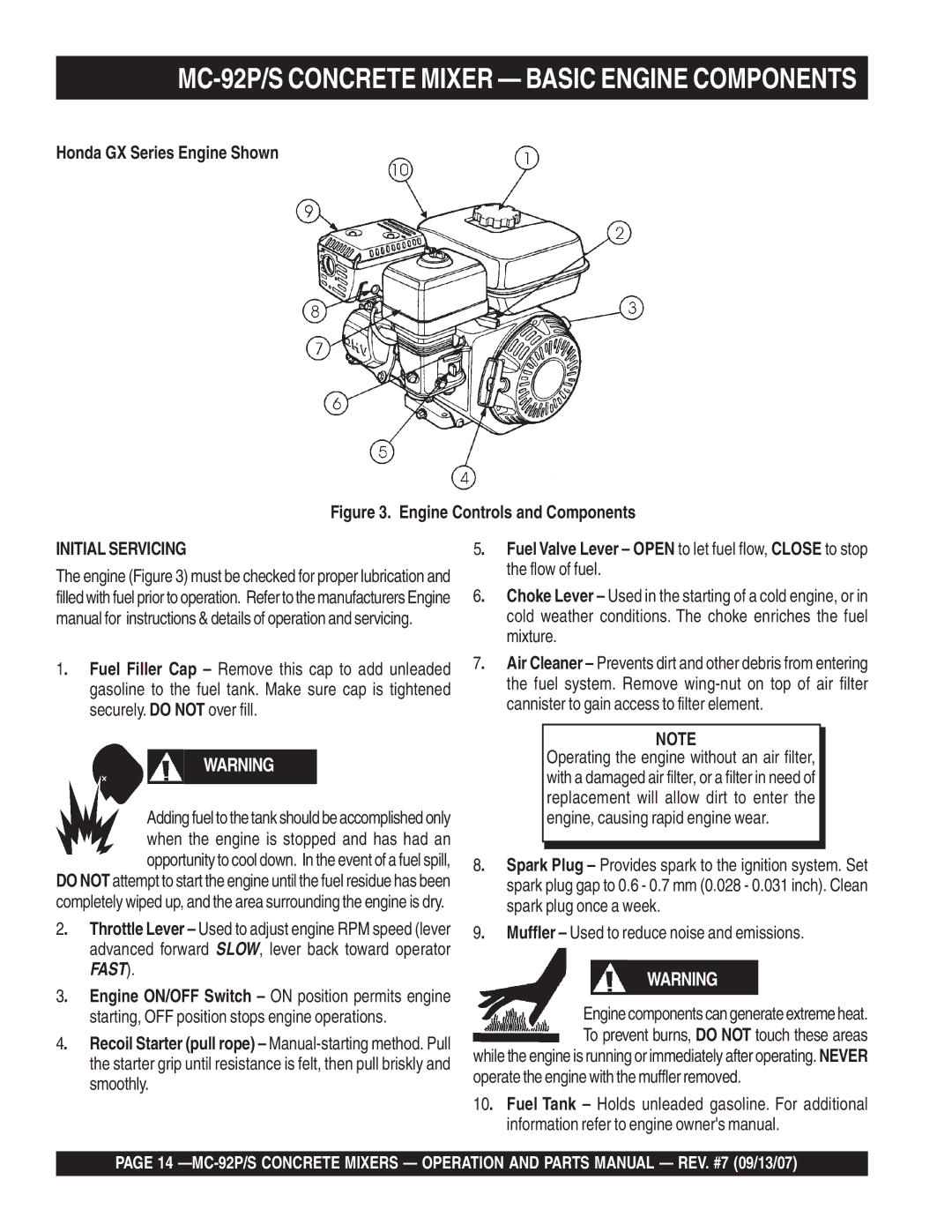 Multiquip MC-92S manual MC-92P/S Concrete Mixer Basic Engine Components, Engine Controls and Components 