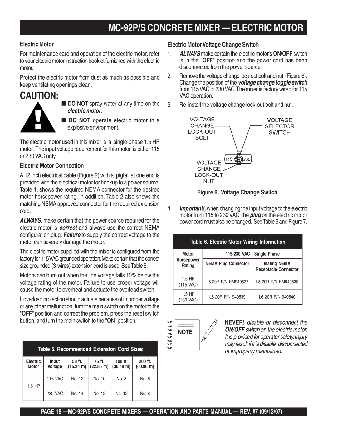 Multiquip MC-92S MC-92P/S Concrete Mixer Electric Motor, Electric Motor Connection, Electric MotorVoltage Change Switch 