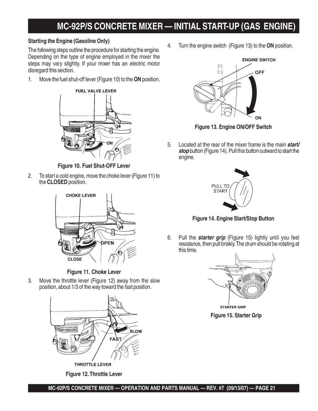 Multiquip MC-92S manual MC-92P/S Concrete Mixer Initial START-UP GAS Engine, Starting the Engine Gasoline Only 