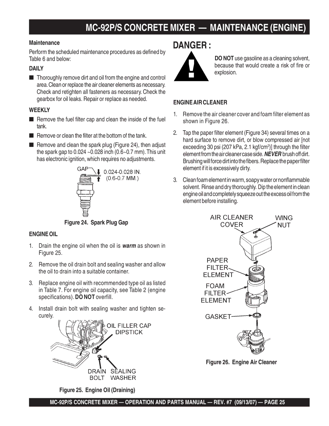 Multiquip MC-92S manual MC-92P/S Concrete Mixer Maintenance Engine 