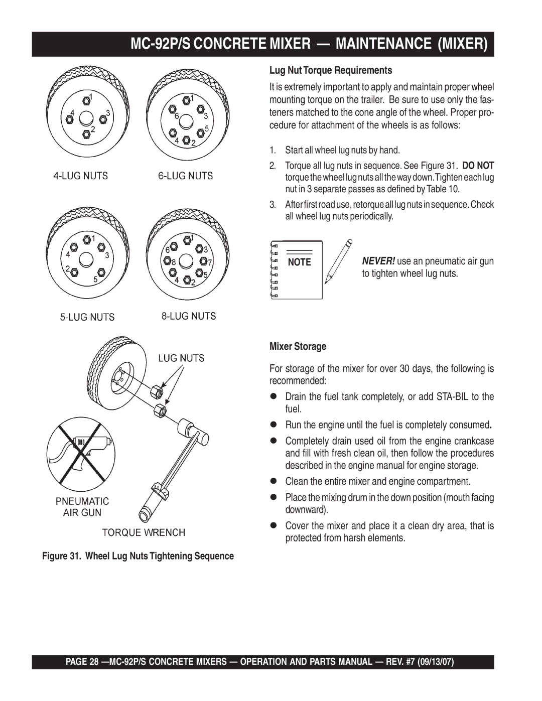 Multiquip MC-92S, MC-92P manual To tighten wheel lug nuts 