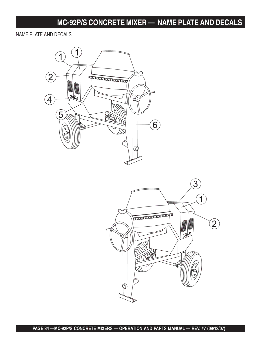 Multiquip MC-92S manual MC-92P/S Concrete Mixer Name Plate and Decals 