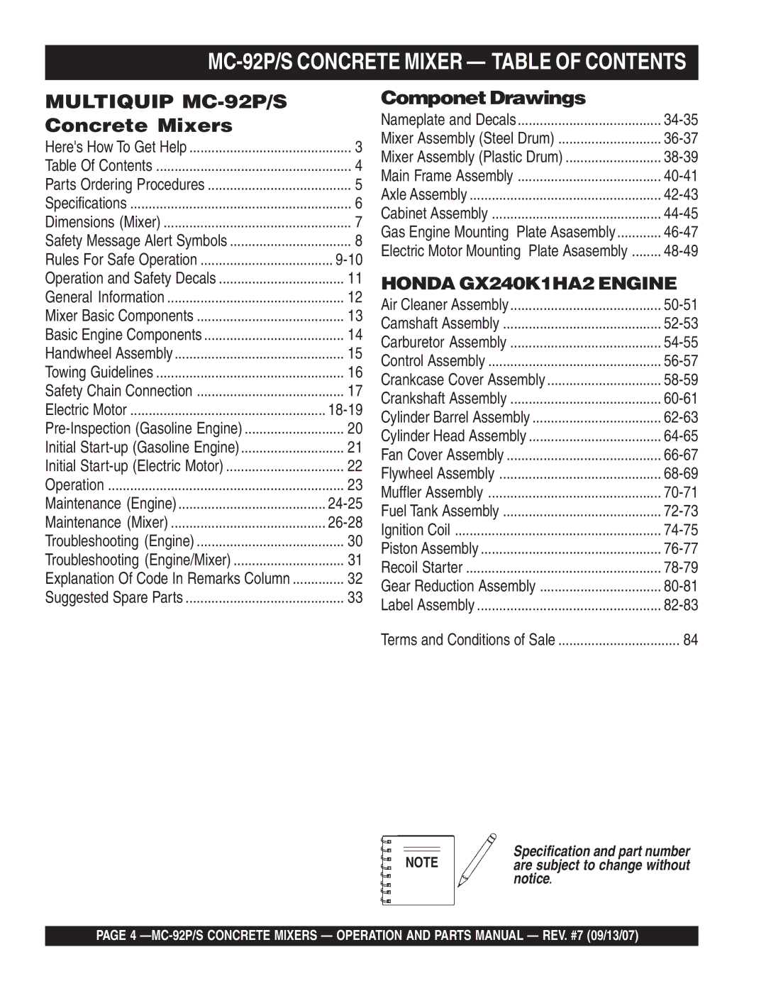 Multiquip MC-92S manual MC-92P/S Concrete Mixer Table of Contents 