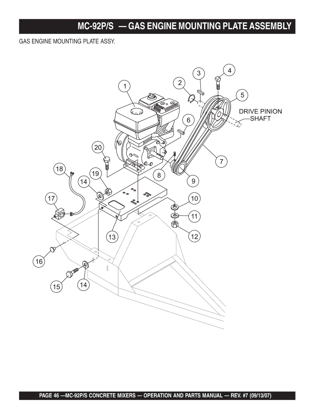 Multiquip MC-92S manual MC-92P/S GAS Engine Mounting Plate Assembly, GAS Engine Mounting Plate Assy 