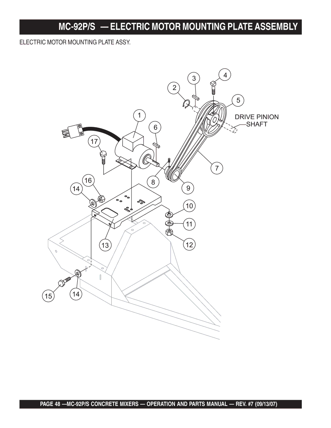 Multiquip MC-92S manual MC-92P/S Electric Motor Mounting Plate Assembly, Electric Motor Mounting Plate Assy 