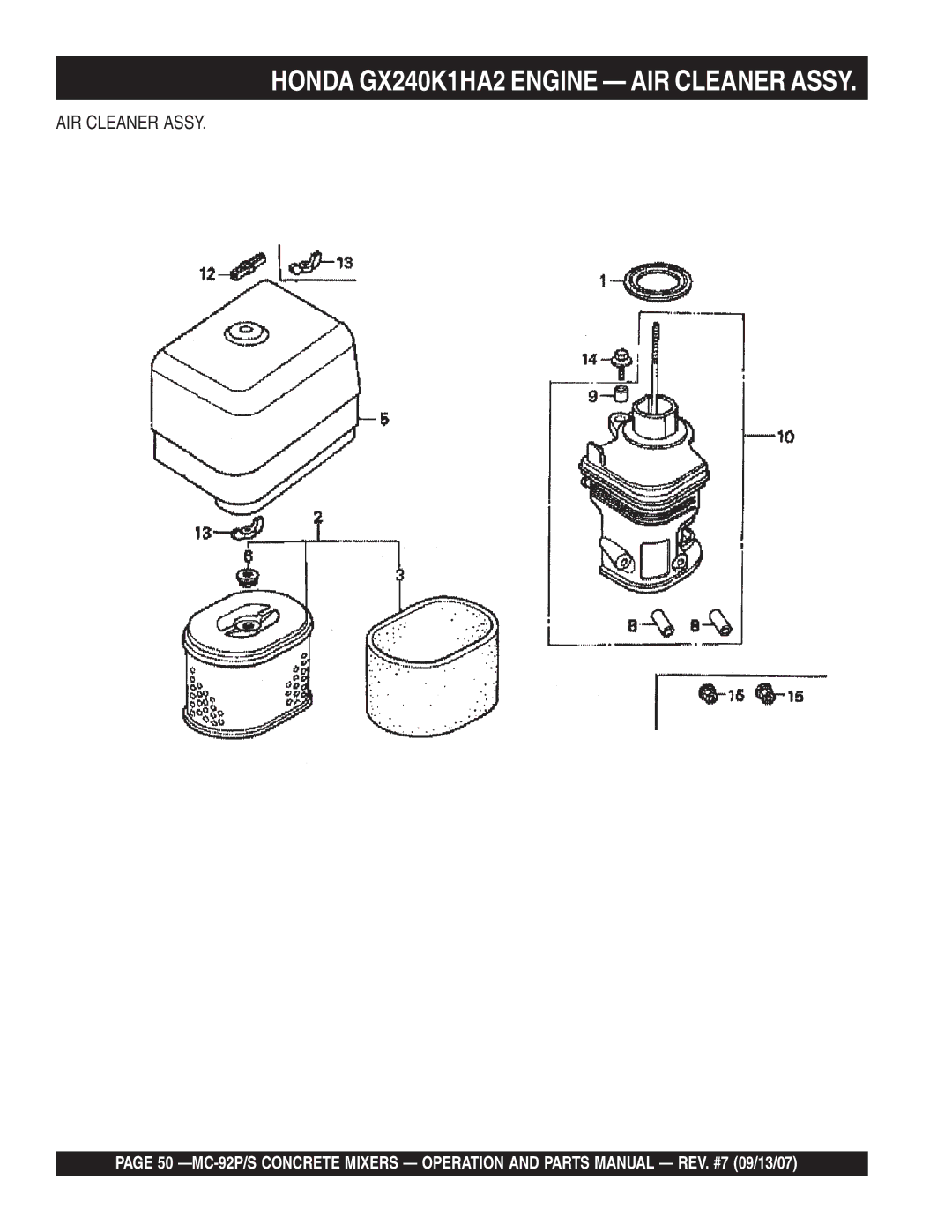 Multiquip MC-92S, MC-92P manual Honda GX240K1HA2 Engine AIR Cleaner Assy 