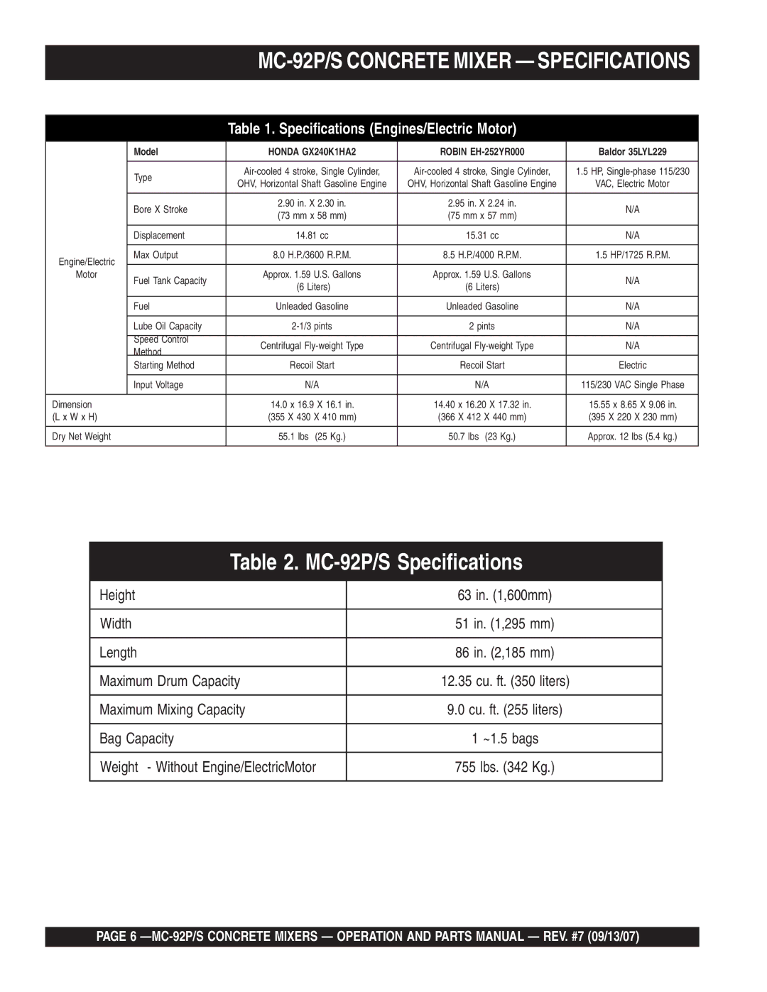 Multiquip MC-92S manual MC-92P/S Concrete Mixer Specifications, Specifications Engines/Electric Motor 