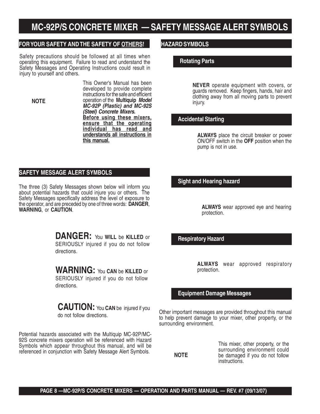 Multiquip MC-92S manual MC-92P/S Concrete Mixer Safety Message Alert Symbols, Foryour Safety and the Safety of Others 