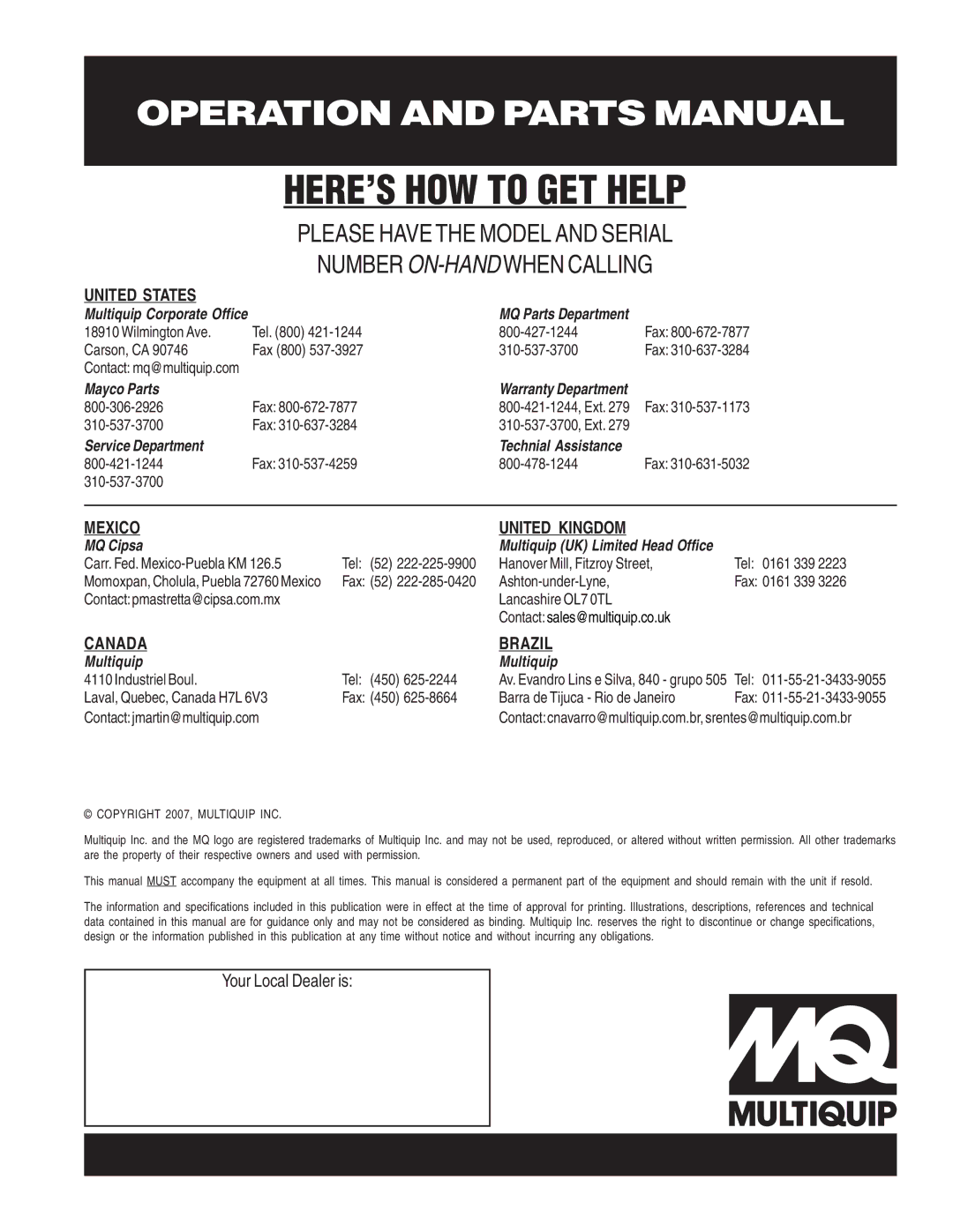 Multiquip MC-92S, MC-92P manual HERE’S HOW to GET Help 