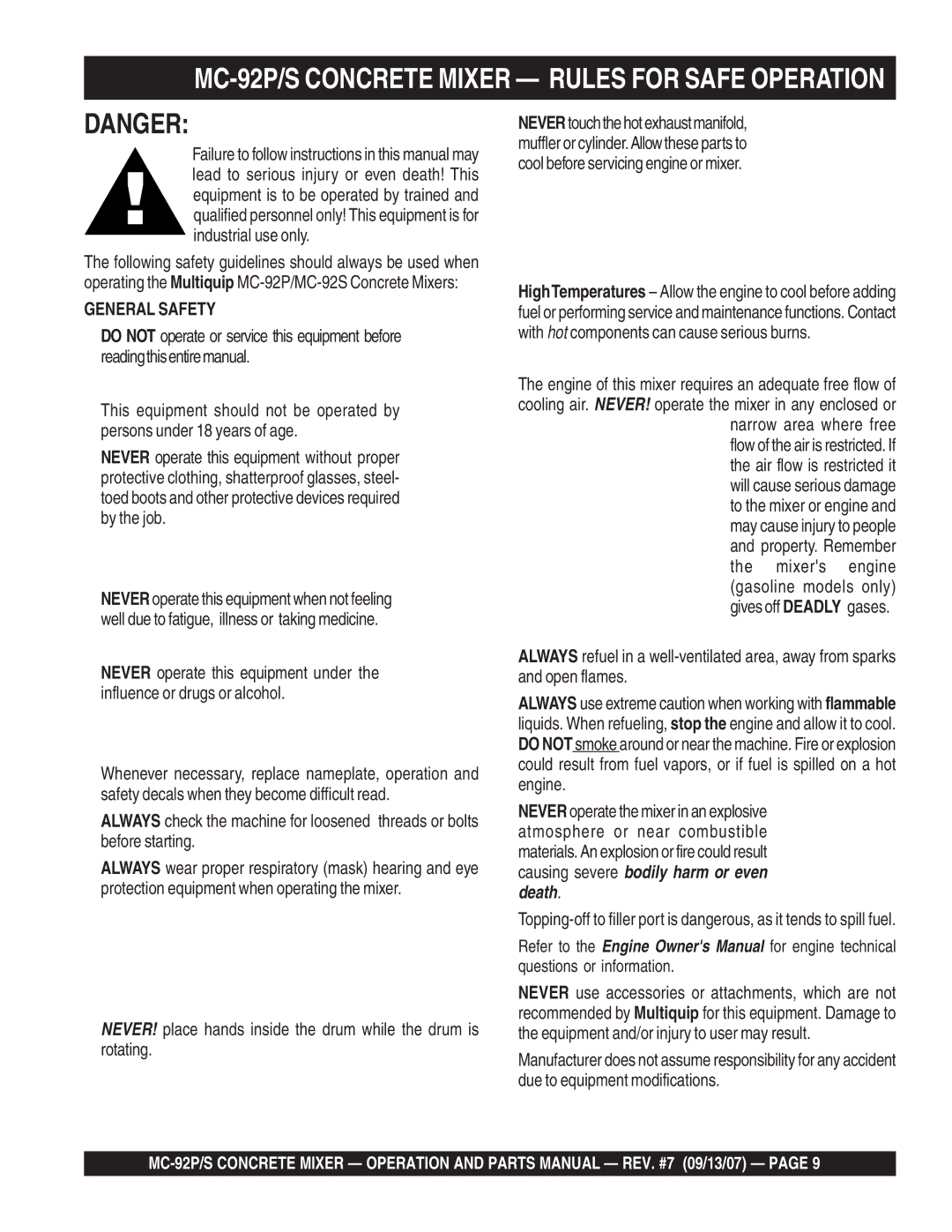 Multiquip MC-92S manual MC-92P/S Concrete Mixer Rules for Safe Operation, General Safety 