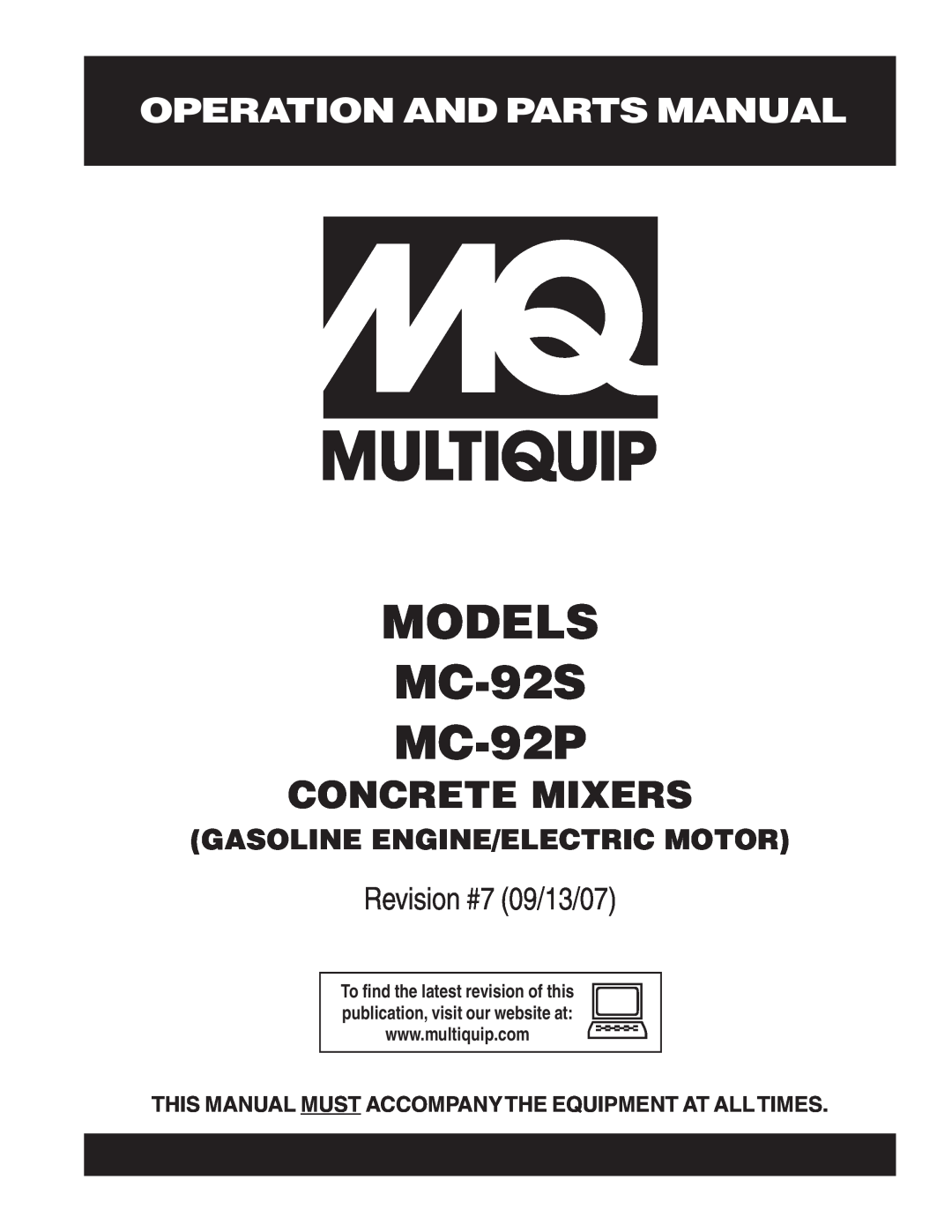 Multiquip manual Operation And Parts Manual, Gasoline Engine/Electric Motor, MODELS MC-92S MC-92P, Concrete Mixers 