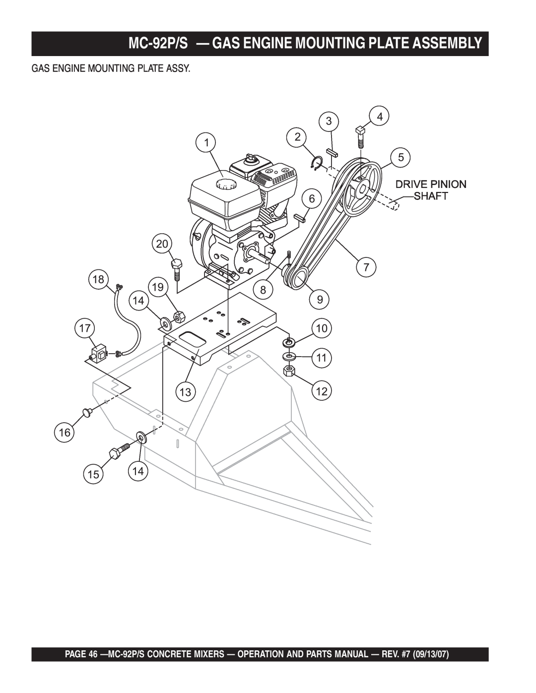 Multiquip MC-92S manual MC-92P/S - GAS ENGINE MOUNTING PLATE ASSEMBLY, Gas Engine Mounting Plate Assy 