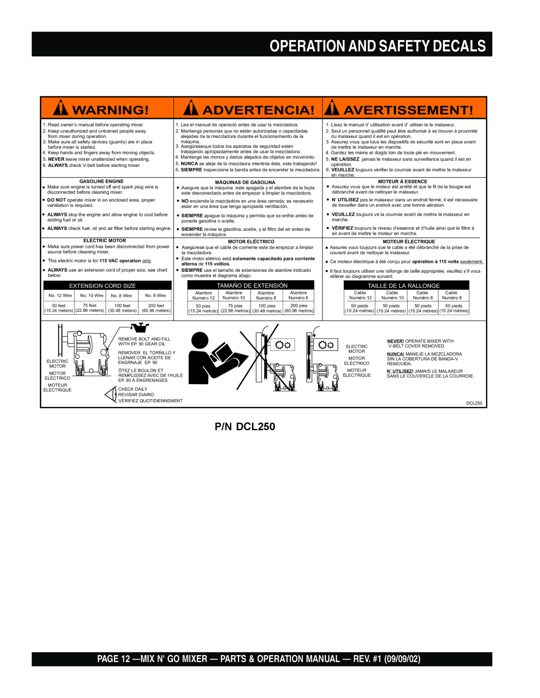 Multiquip MC3H, MC3SE operation manual Operation and Safety Decals, Advertencia Avertissement 