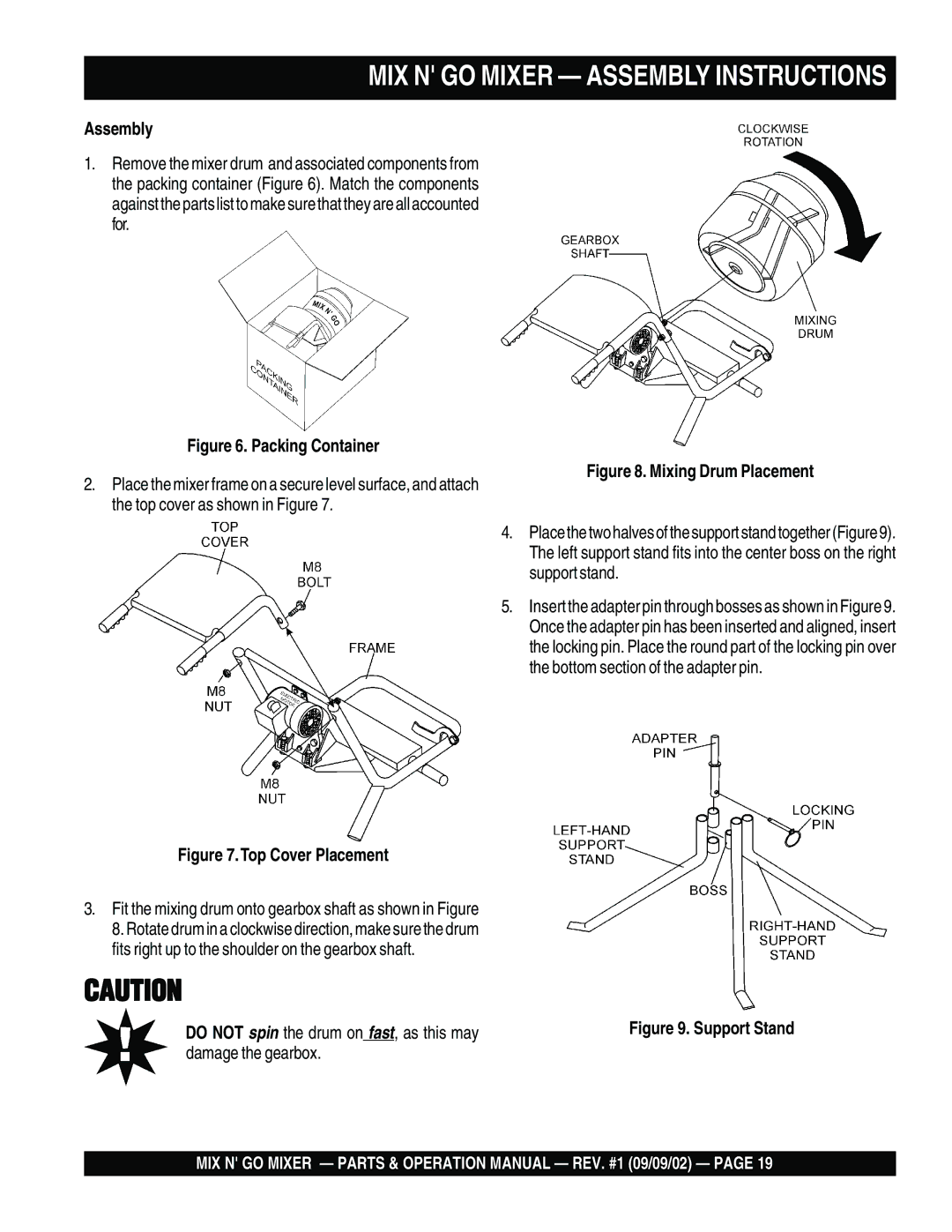 Multiquip MC3SE, MC3H operation manual Assembly, Do not spin the drum on fast, as this may, Damage the gearbox 