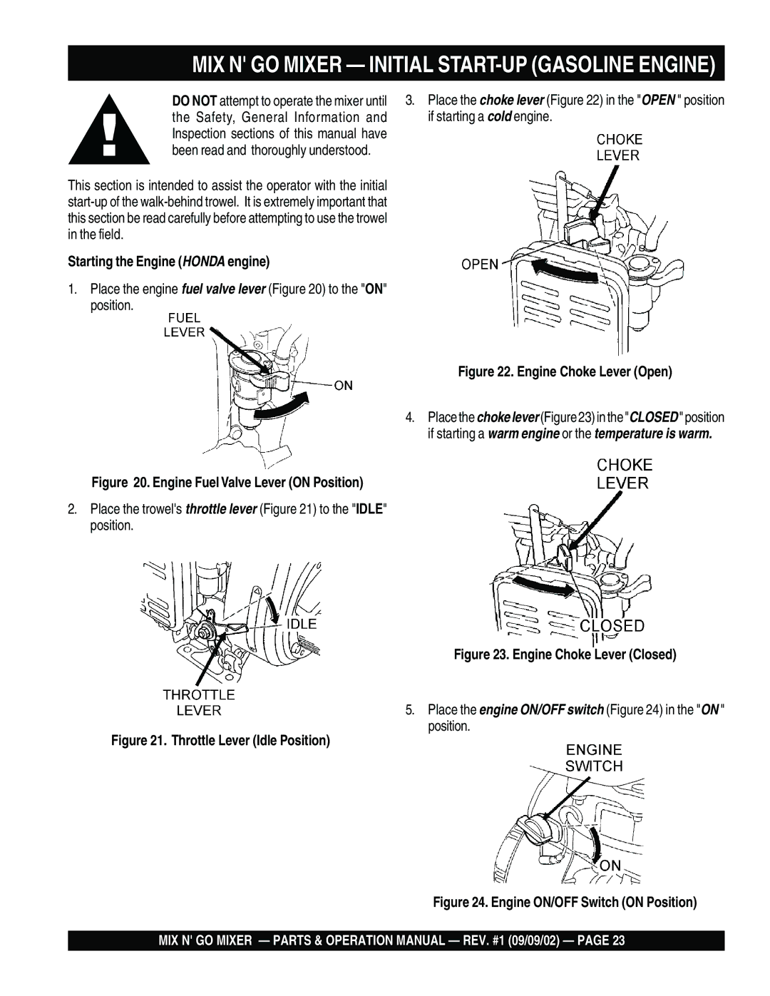 Multiquip MC3SE, MC3H Starting the Engine Honda engine, Place the trowels throttle lever to the Idle position 