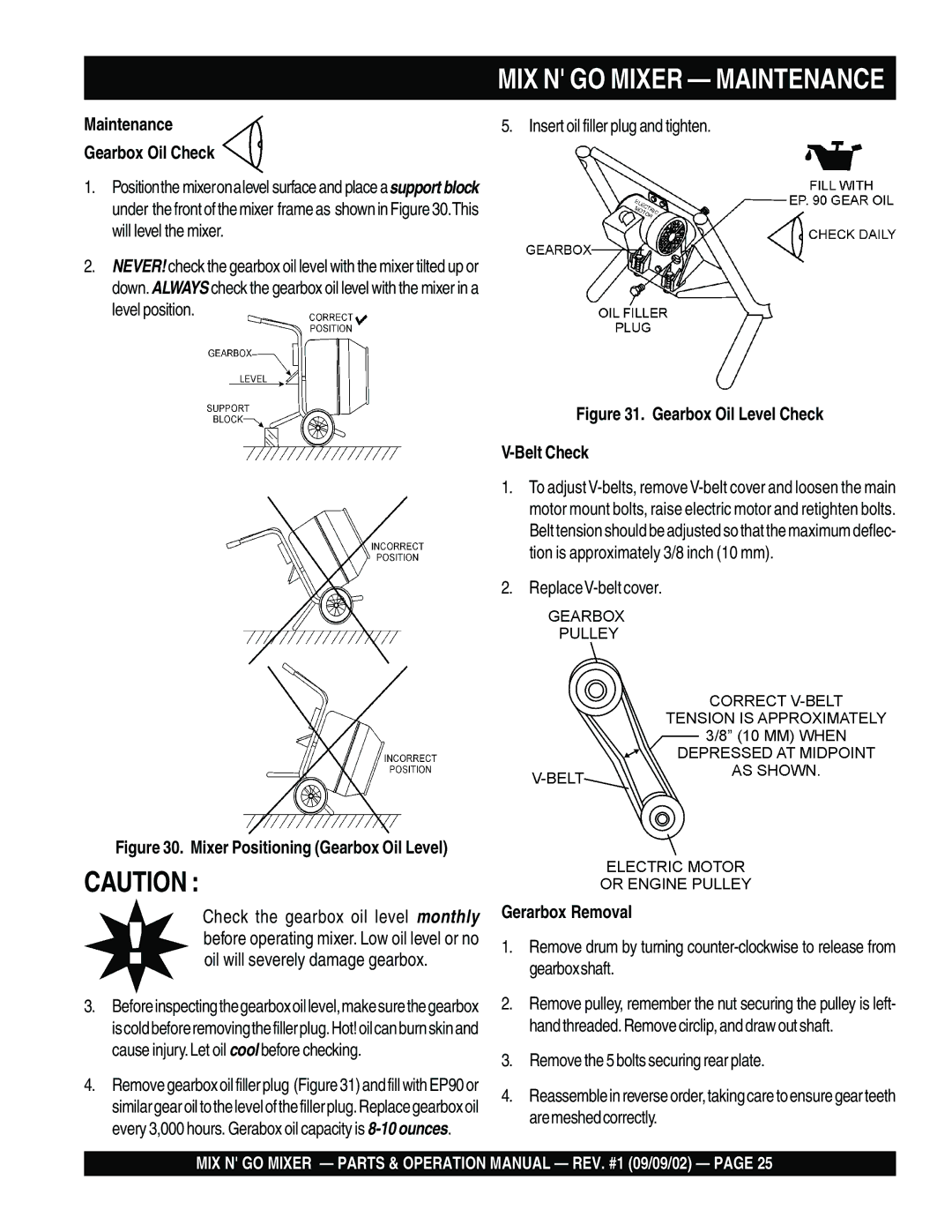 Multiquip MC3SE, MC3H operation manual MIX N GO Mixer Maintenance, Maintenance Gearbox Oil Check, Gerarbox Removal 