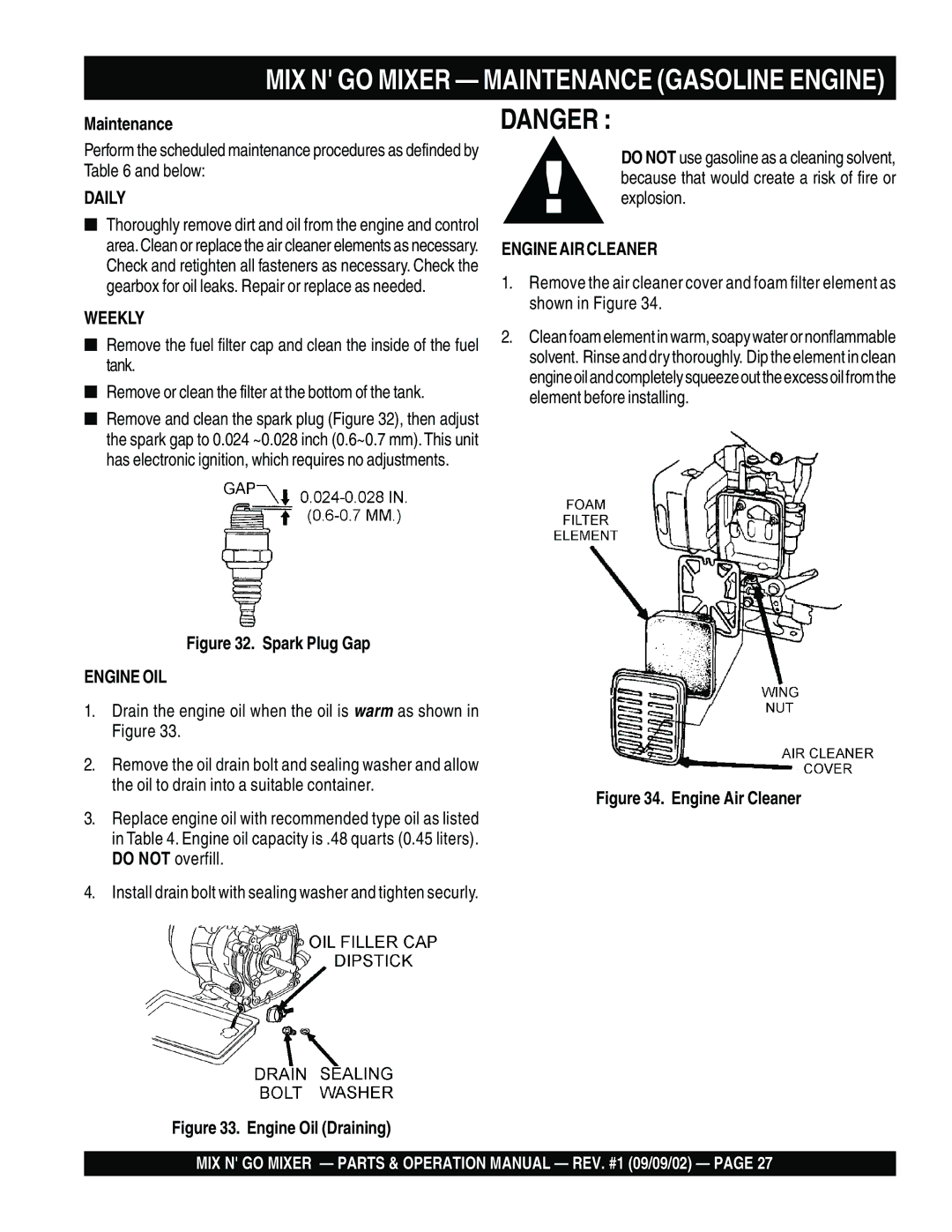 Multiquip MC3SE, MC3H operation manual Spark Plug Gap, Engine Air Cleaner 