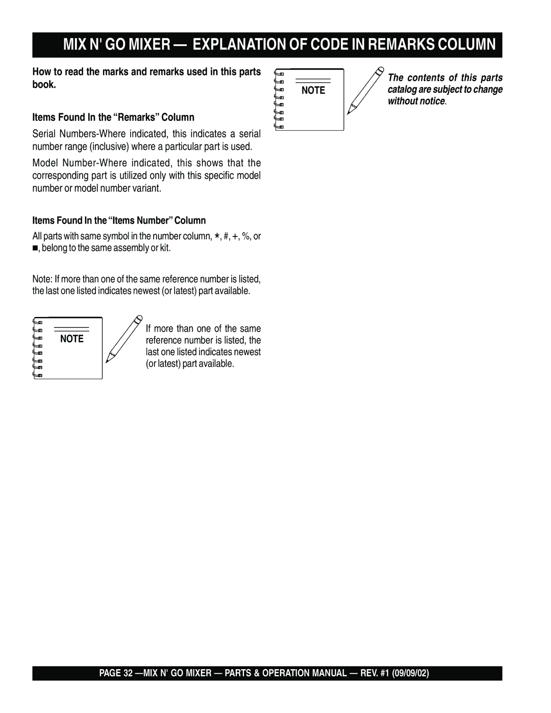 Multiquip MC3H, MC3SE MIX N GO Mixer Explanation of Code in Remarks Column, Items Found In the Items Number Column 