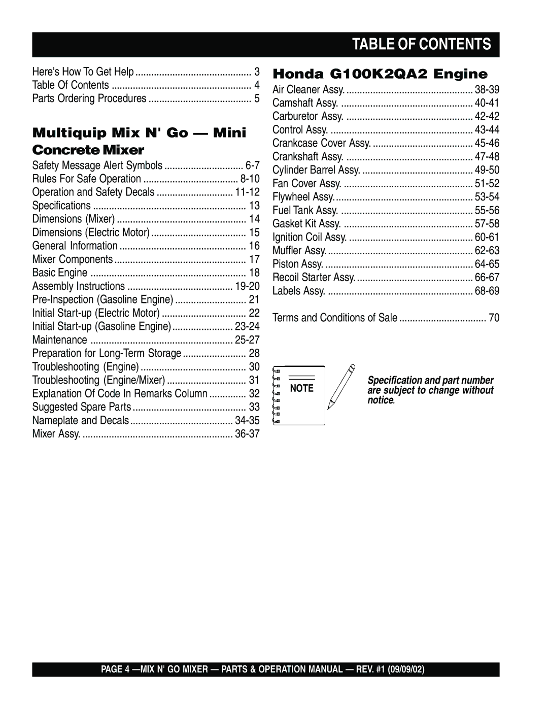 Multiquip MC3H, MC3SE operation manual Table of Contents 