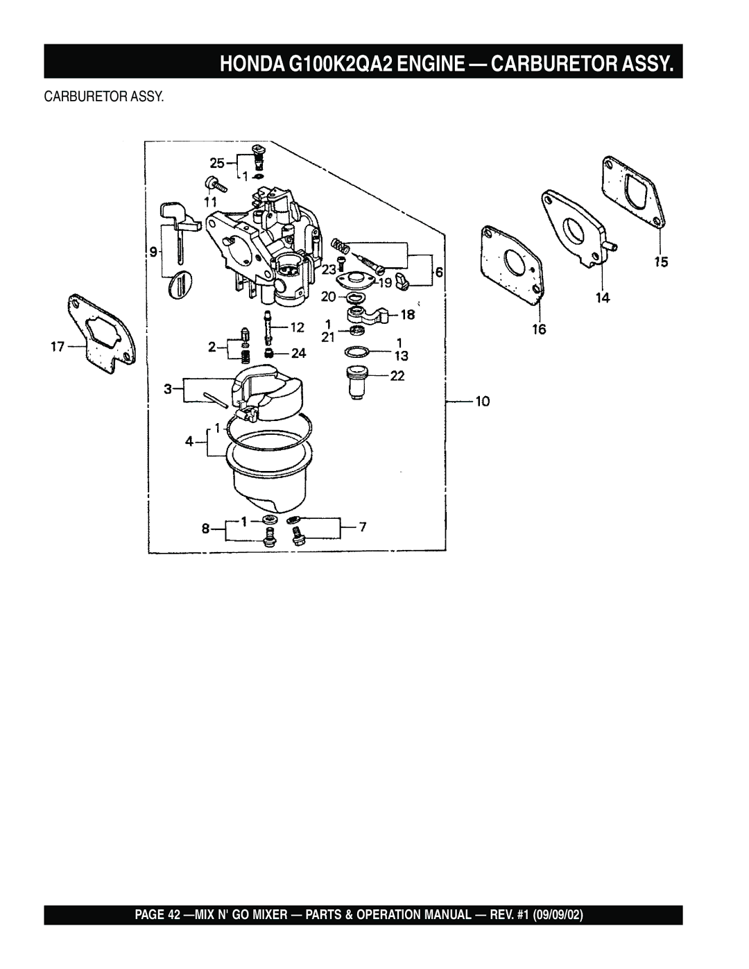 Multiquip MC3H, MC3SE operation manual Honda G100K2QA2 Engine Carburetor Assy 