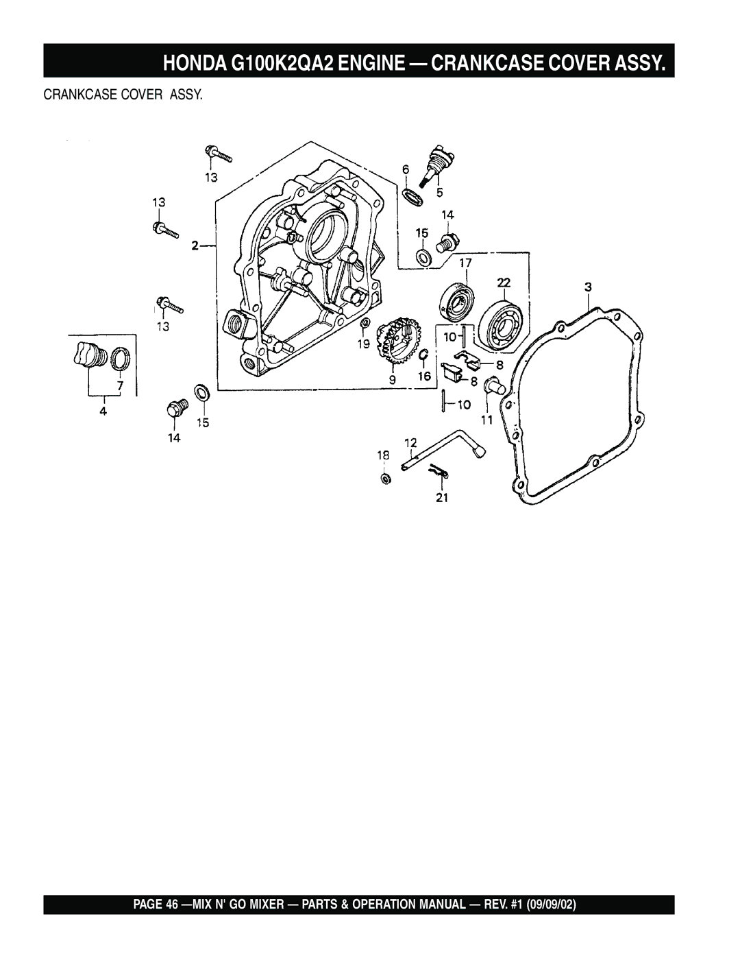 Multiquip MC3H, MC3SE operation manual Honda G100K2QA2 Engine Crankcase Cover Assy 