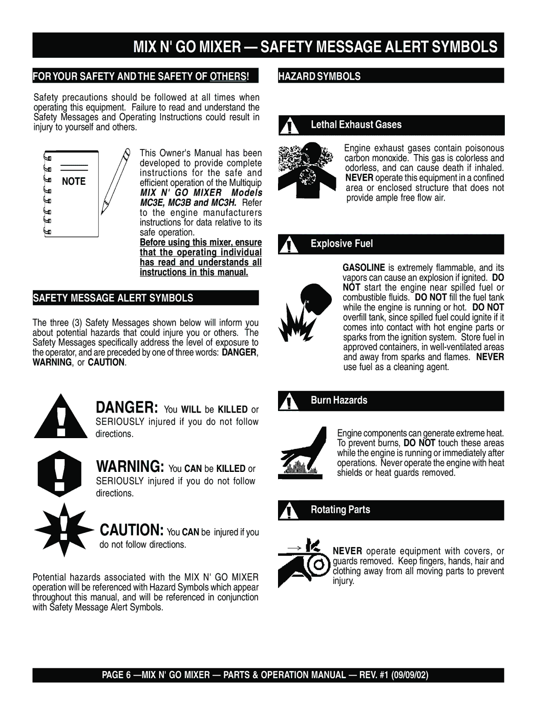 Multiquip MC3H, MC3SE MIX N GO Mixer Safety Message Alert Symbols, Seriously injured if you do not follow directions 