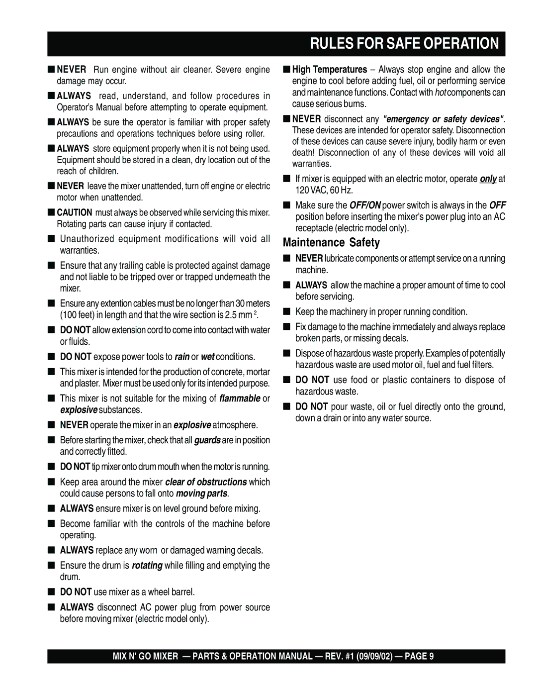 Multiquip MC3SE, MC3H operation manual Rules for Safe Operation 