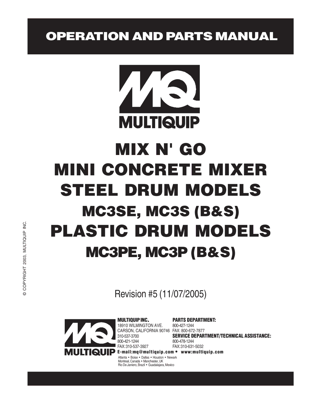 Multiquip MC3S (B&S), MC3SE, MC3PE, MC3P (B&S) manual MIX N GO Mini Concrete Mixer Steel Drum Models 