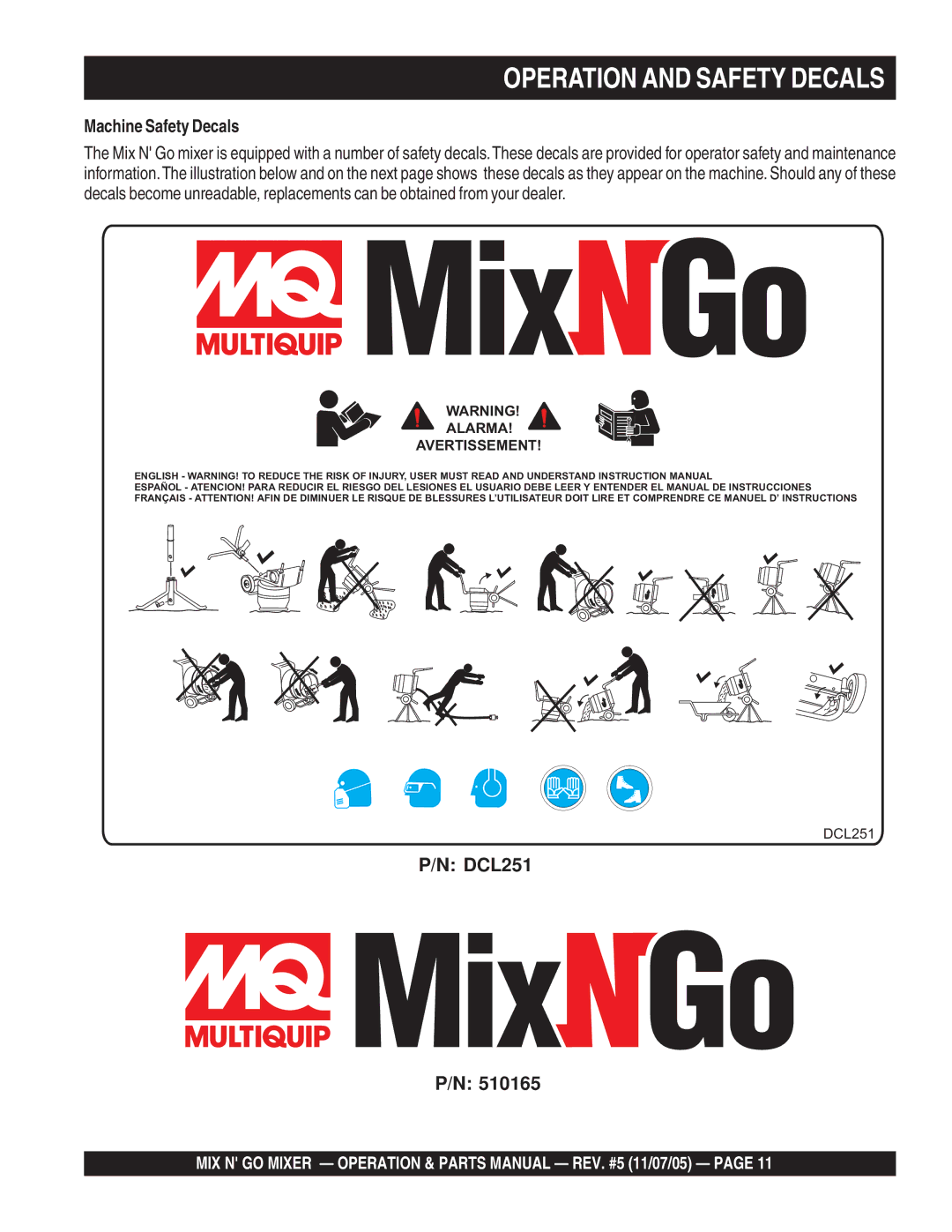 Multiquip MC3P (B&S), MC3SE, MC3S (B&S), MC3PE manual Operation and Safety Decals, Machine Safety Decals 