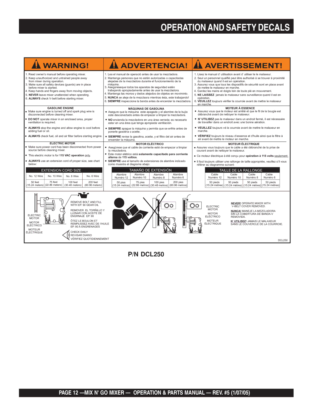 Multiquip MC3SE, MC3S (B&S), MC3PE, MC3P (B&S) manual Operation and Safety Decals, Advertencia Avertissement 